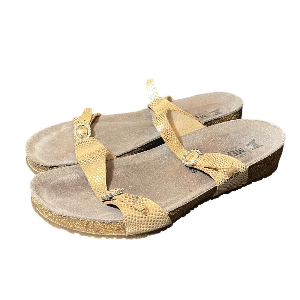 Mephisto Sandals Womens 39 US 9 Tan Snakeskin Rhinestone Buckle Cork Slides